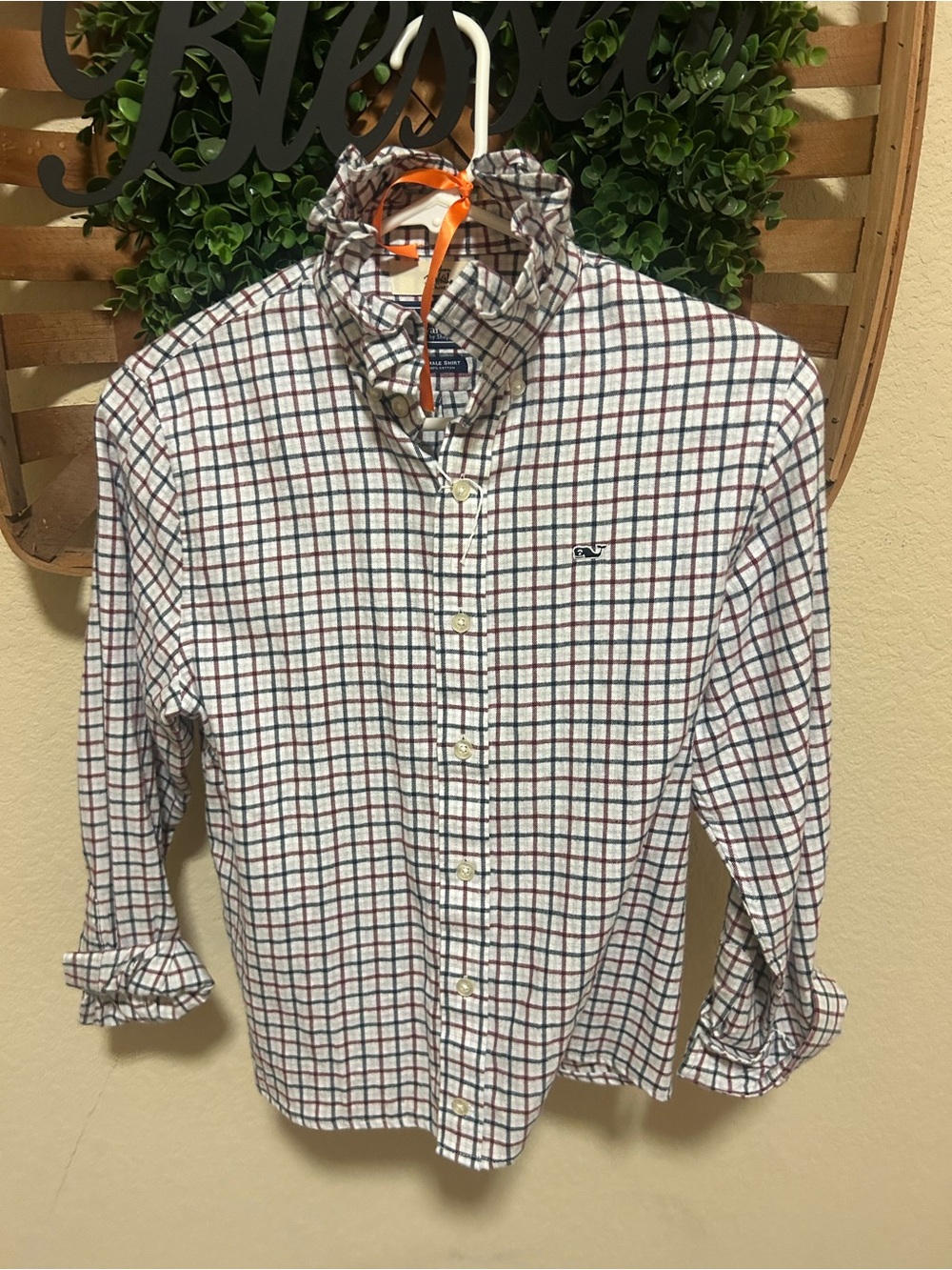 Vineyard Vines Plaid Ruffled Collat Button-Down Shirt with Red & Blue Windowpane